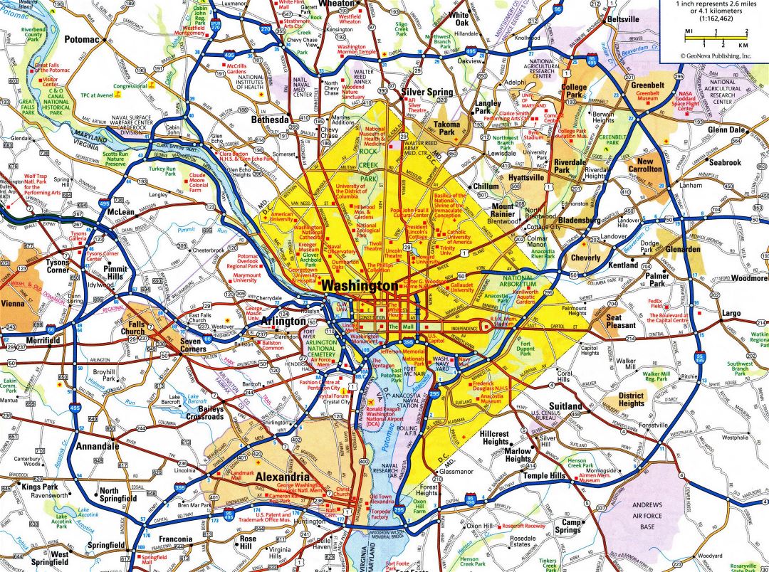 Large detailed roads and highways map of Washington D.C. area