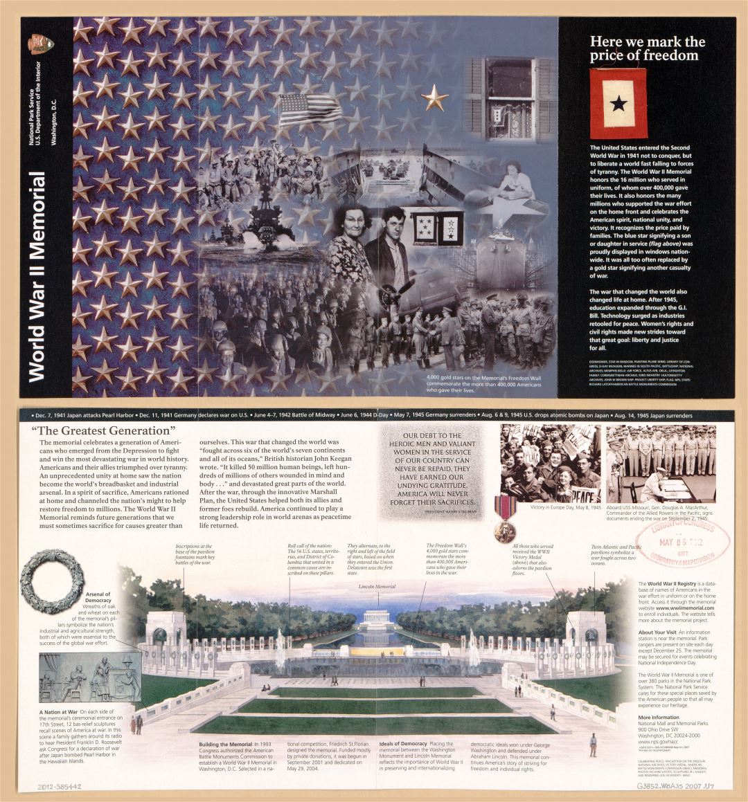 Large detailed World War II memorial guide, Washington D.C. - 2011