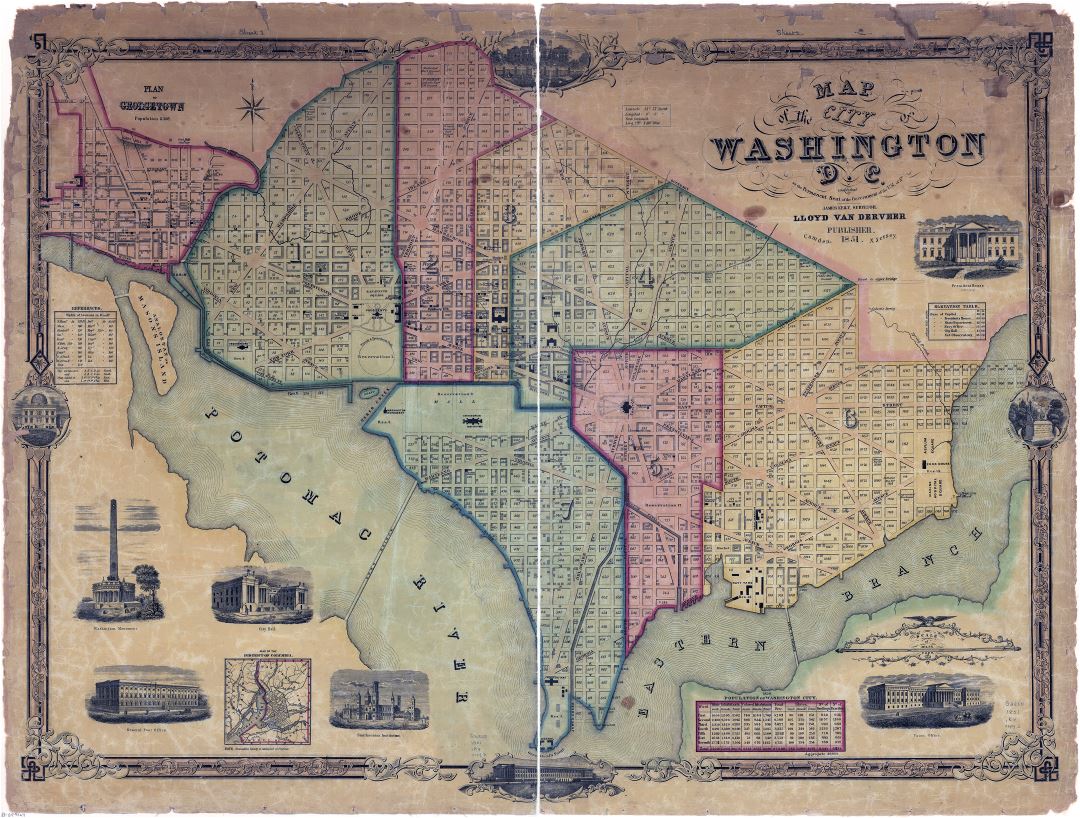 Large scale detailed old map of the city of Washington D.C. - 1851