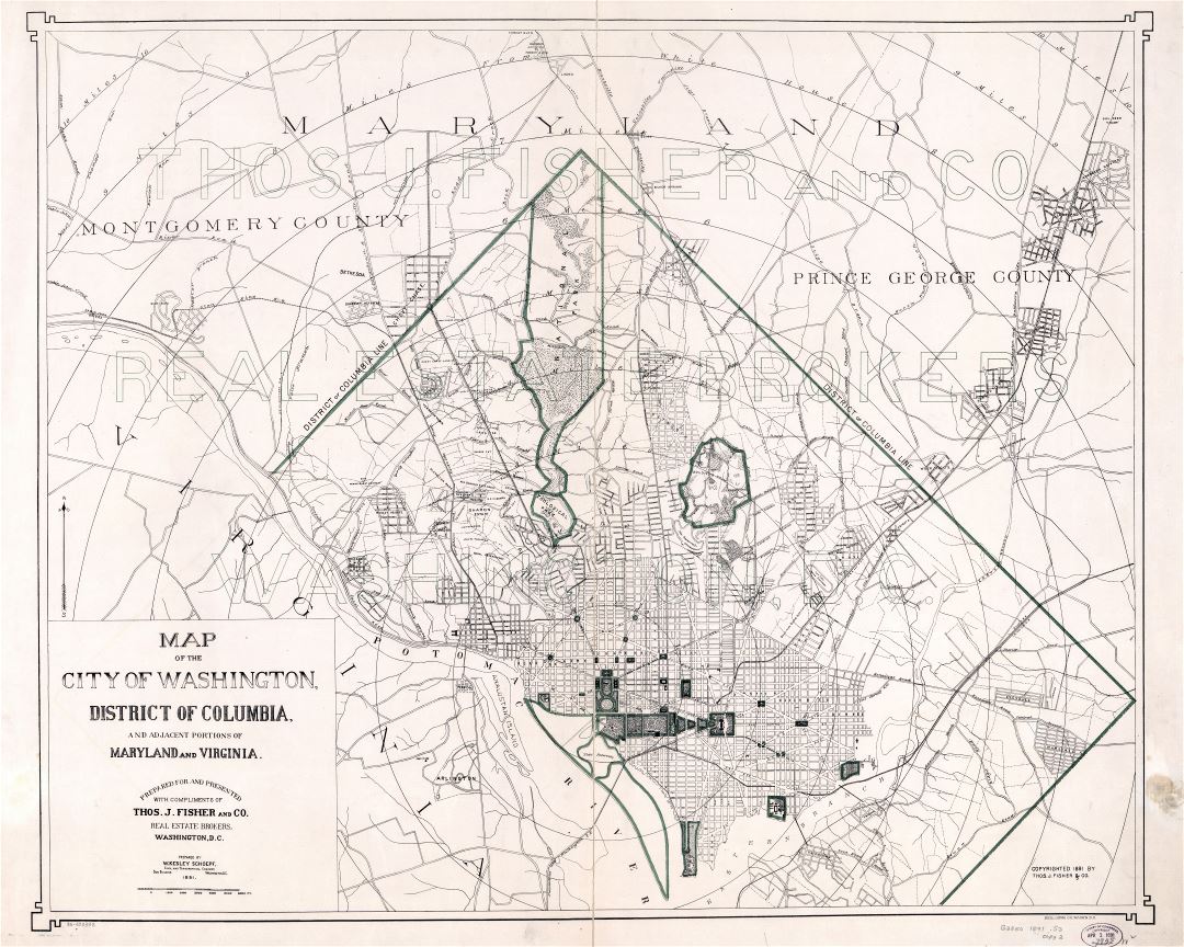 Large scale detailed old map of the city of Washington, District of Columbia and adjacent portions of Maryland and Virginia - 1891