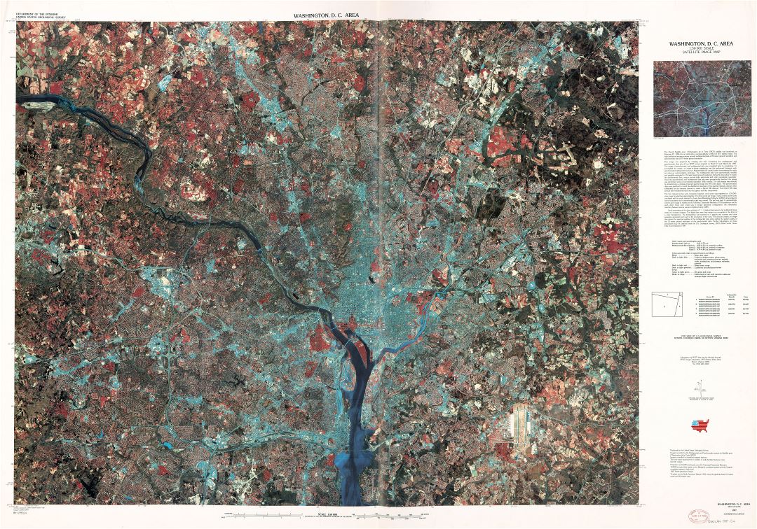 Large scale detailed satellite image map of Washington D.C. area - 1988