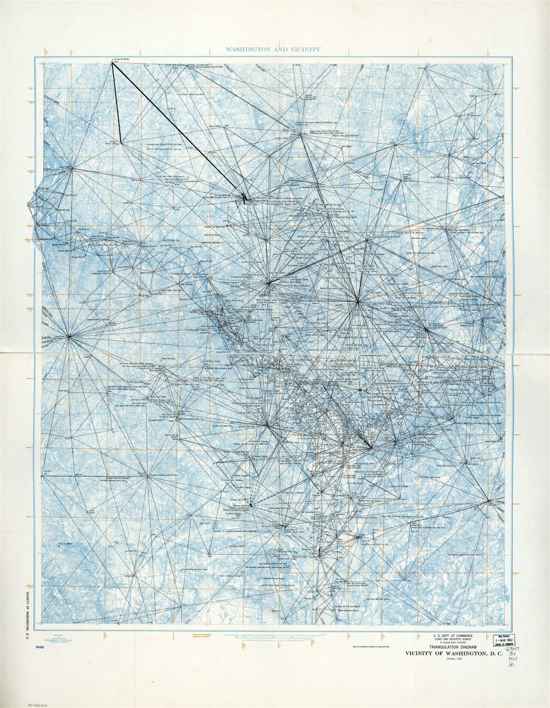 Large scale detailed triangulation diagram map of vicinity of Washington DC - 1961