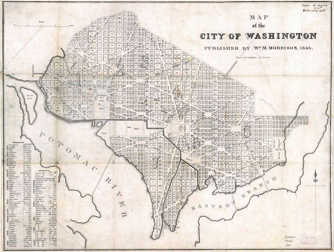 Large scale old map of the city of Washington DC - 1846