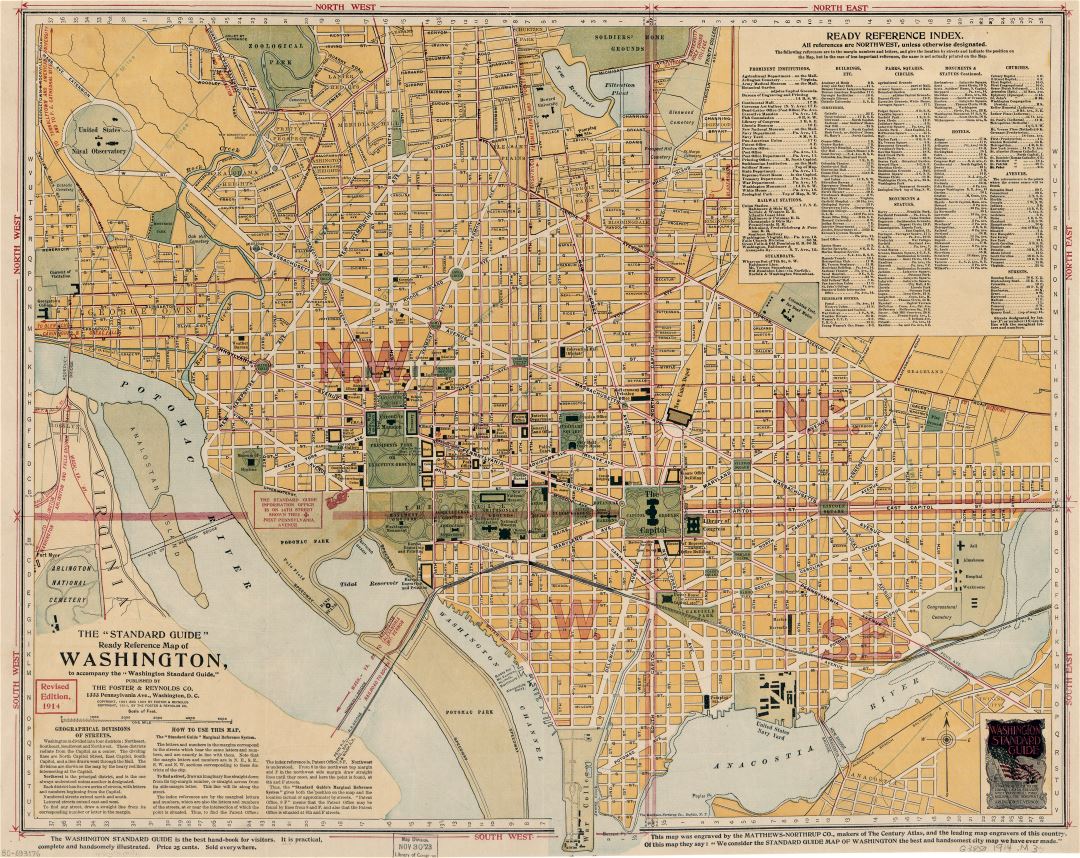 Large scale old standard guide map of Washington DC - 1914