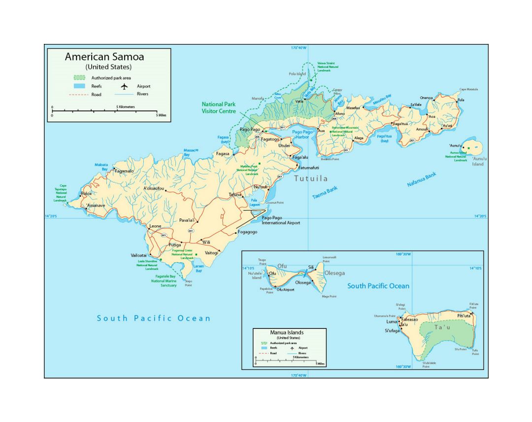 Detailed map of American Samoa with parks, reefs, rivers, roads, cities, villages and airports