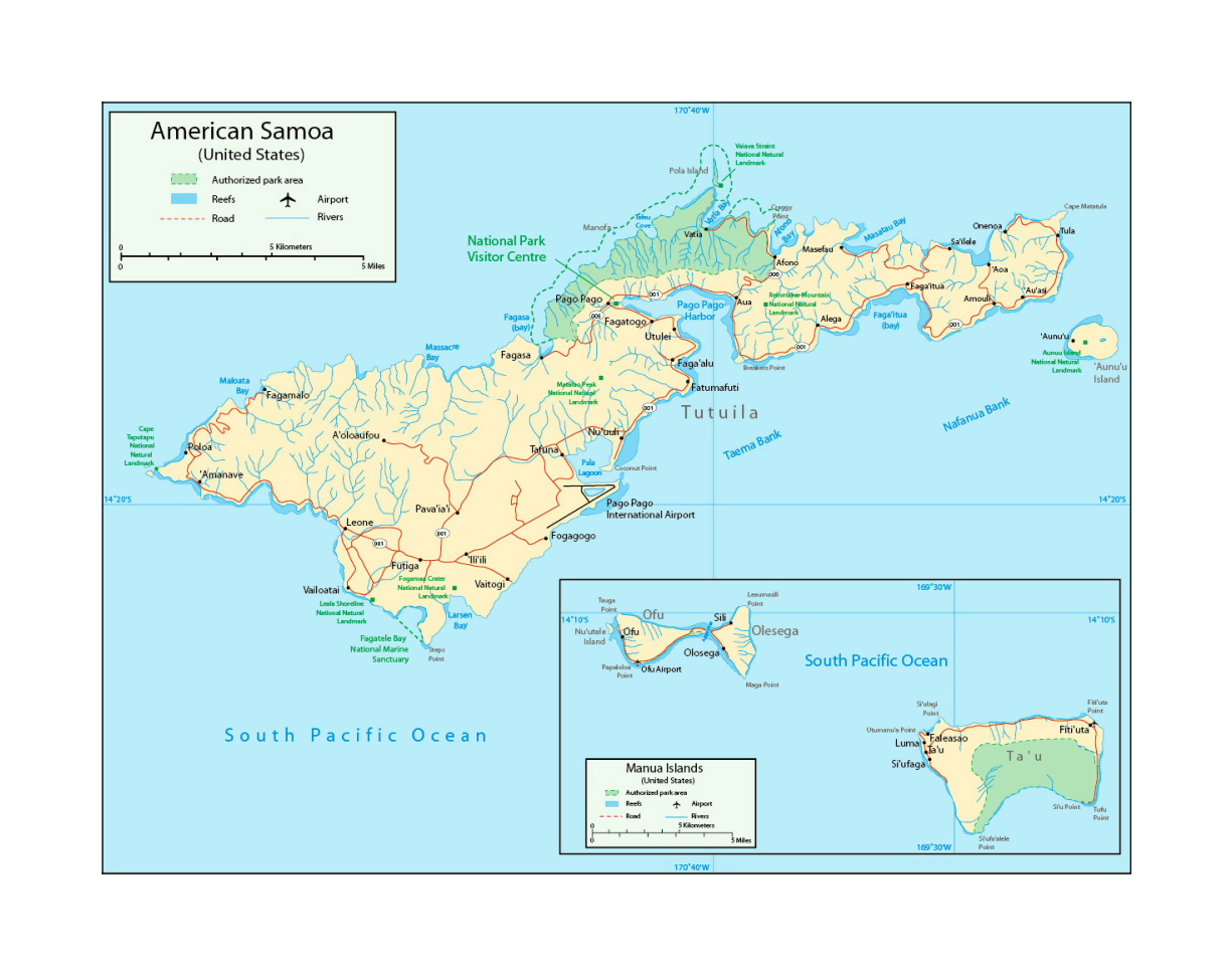 Detailed Map Of American Samoa With Parks Reefs Rivers Roads