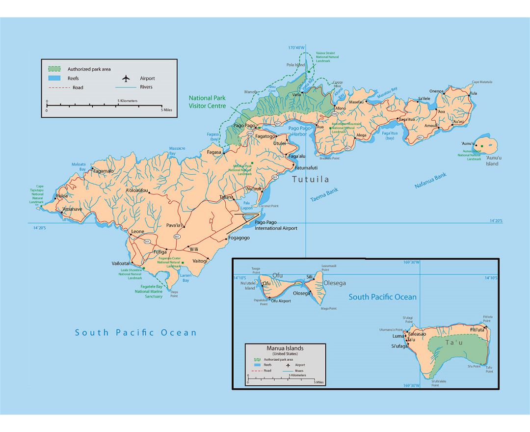 Large Map Of American Samoa With Parks Reefs Rivers Roads Cities Villages And Airports Preview 
