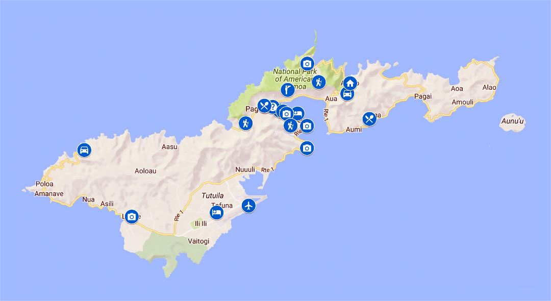 Large map of Tutuila Island, American Samoa with other marks