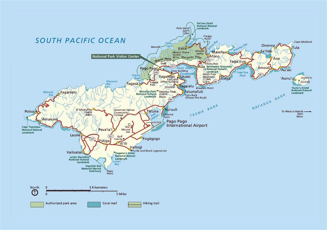 Large map of Tutuila Island, American Samoa with parks, reefs, roads, cities and villages