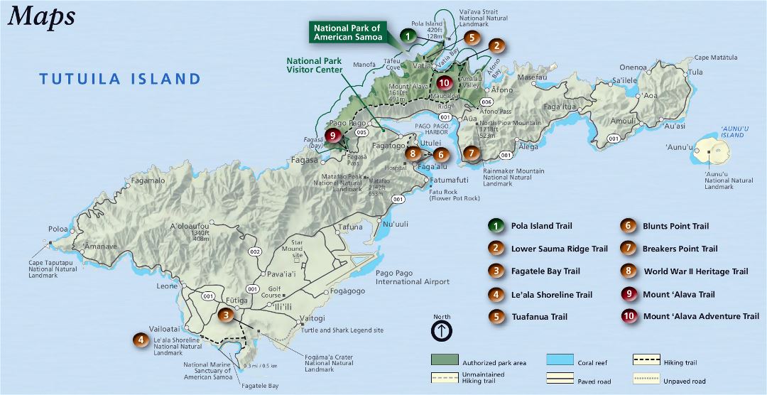 Large national parks map of Tutuila Island, American Samoa with relief and other marks