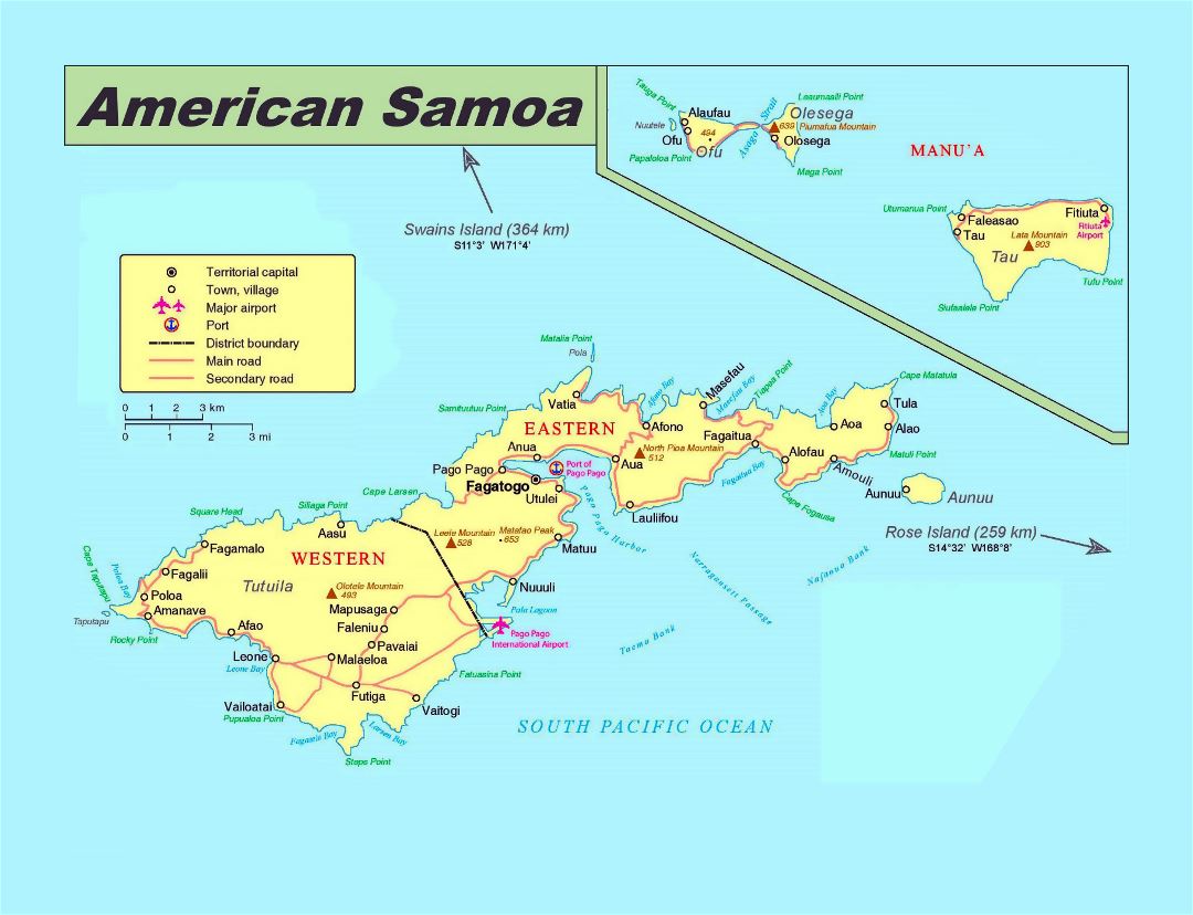 Large political map of American Samoa with roads, cities, villages, airports and ports