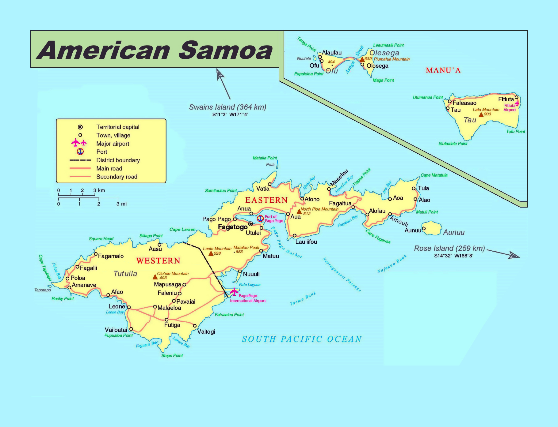Large political map of American Samoa with roads, cities, villages