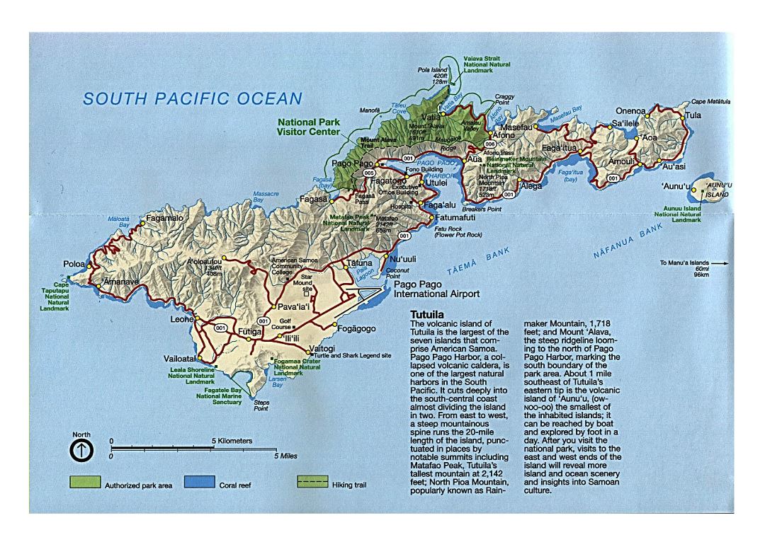 Large road map of Tutuila Island, American Samoa with relief and other marks