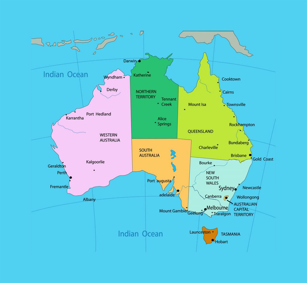 Administrative map of Australia with cities