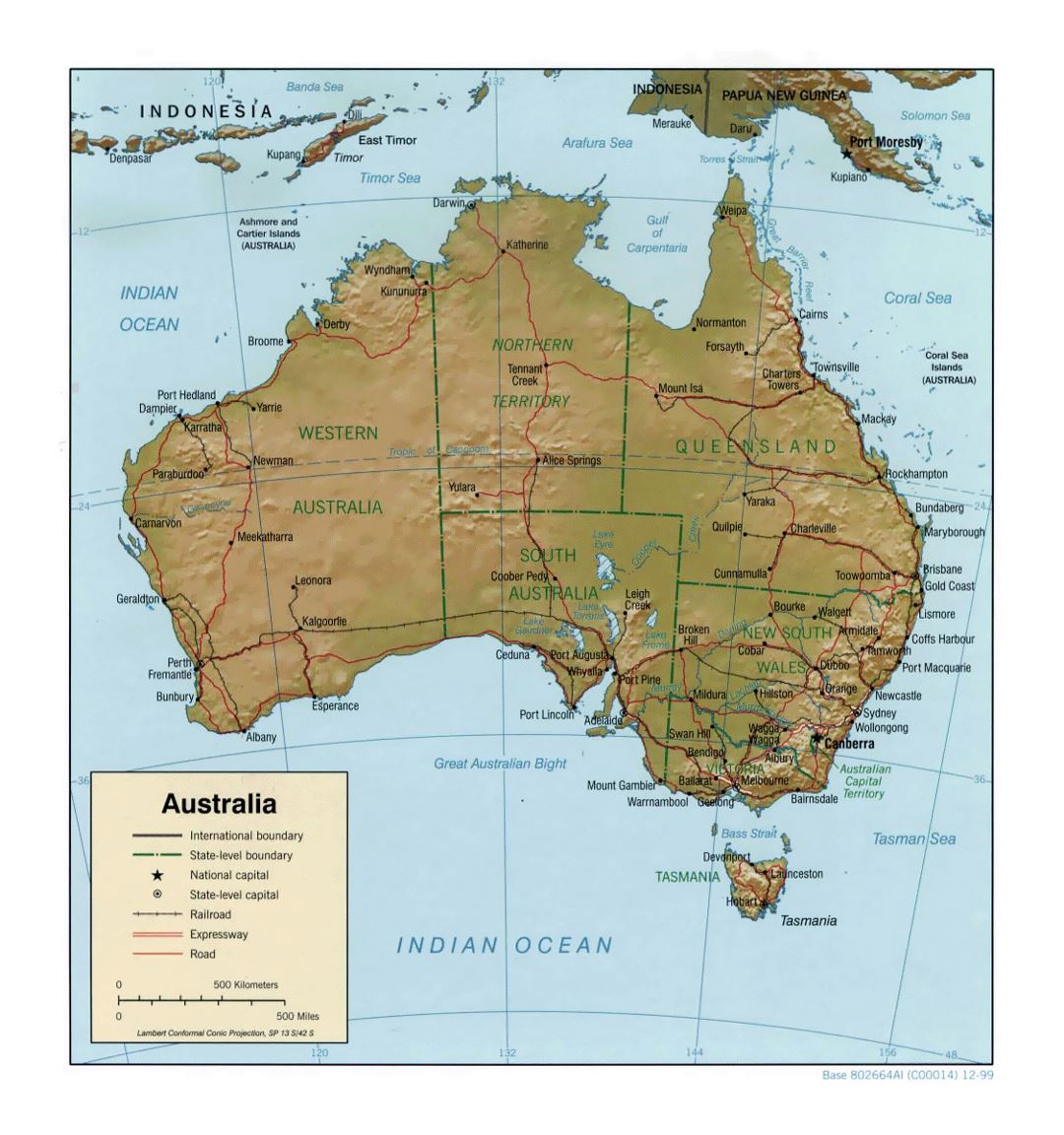 Detailed political and administrative map of Australia with relief, roads, railroads and cities - 1999