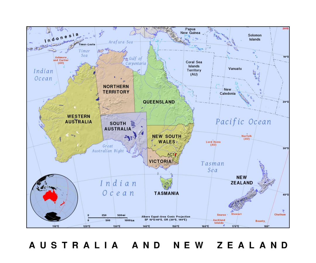 Detailed political and administrative map of Australia with relief