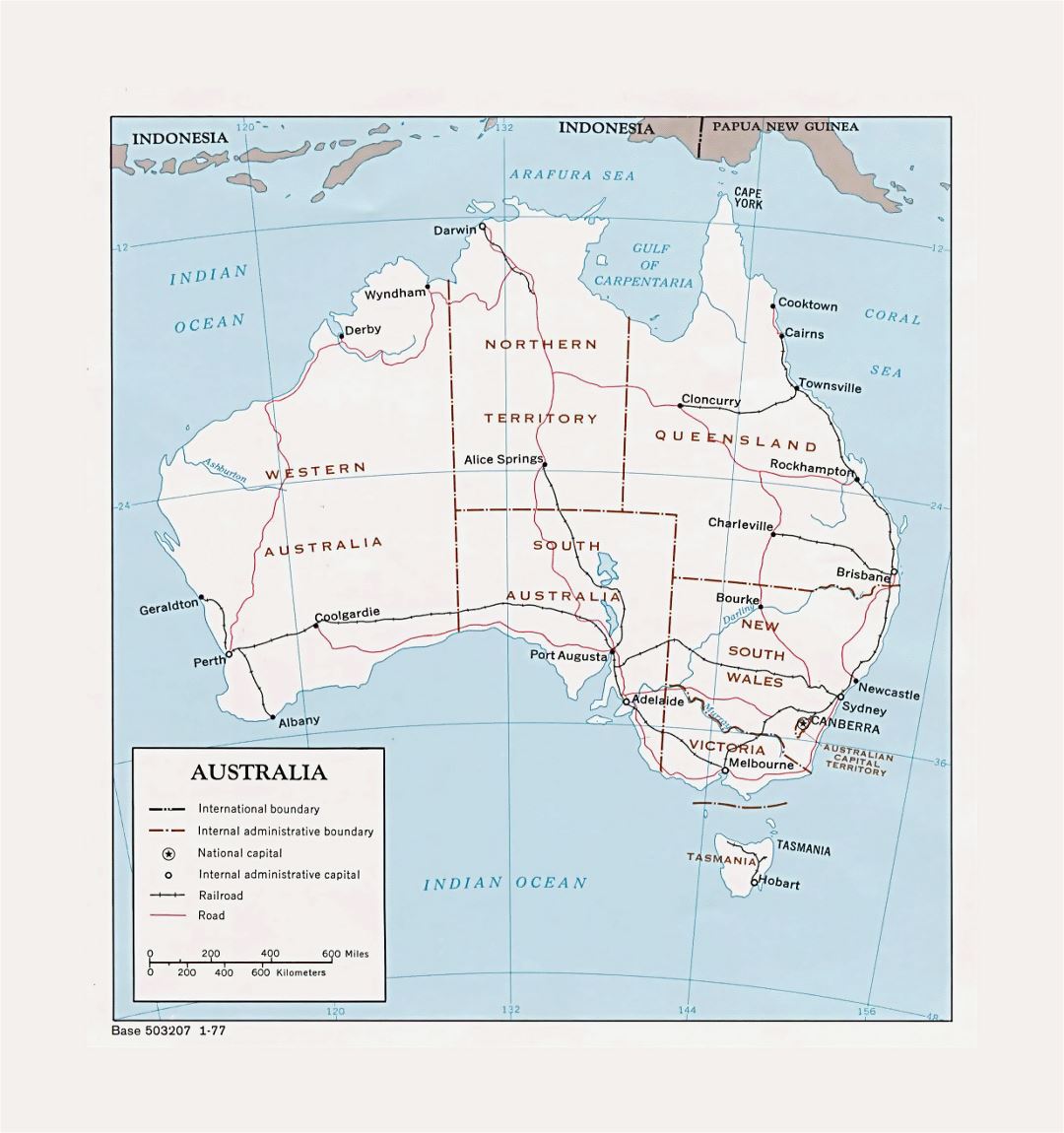 Detailed political and administrative map of Australia with roads, railroads and major cities - 1977