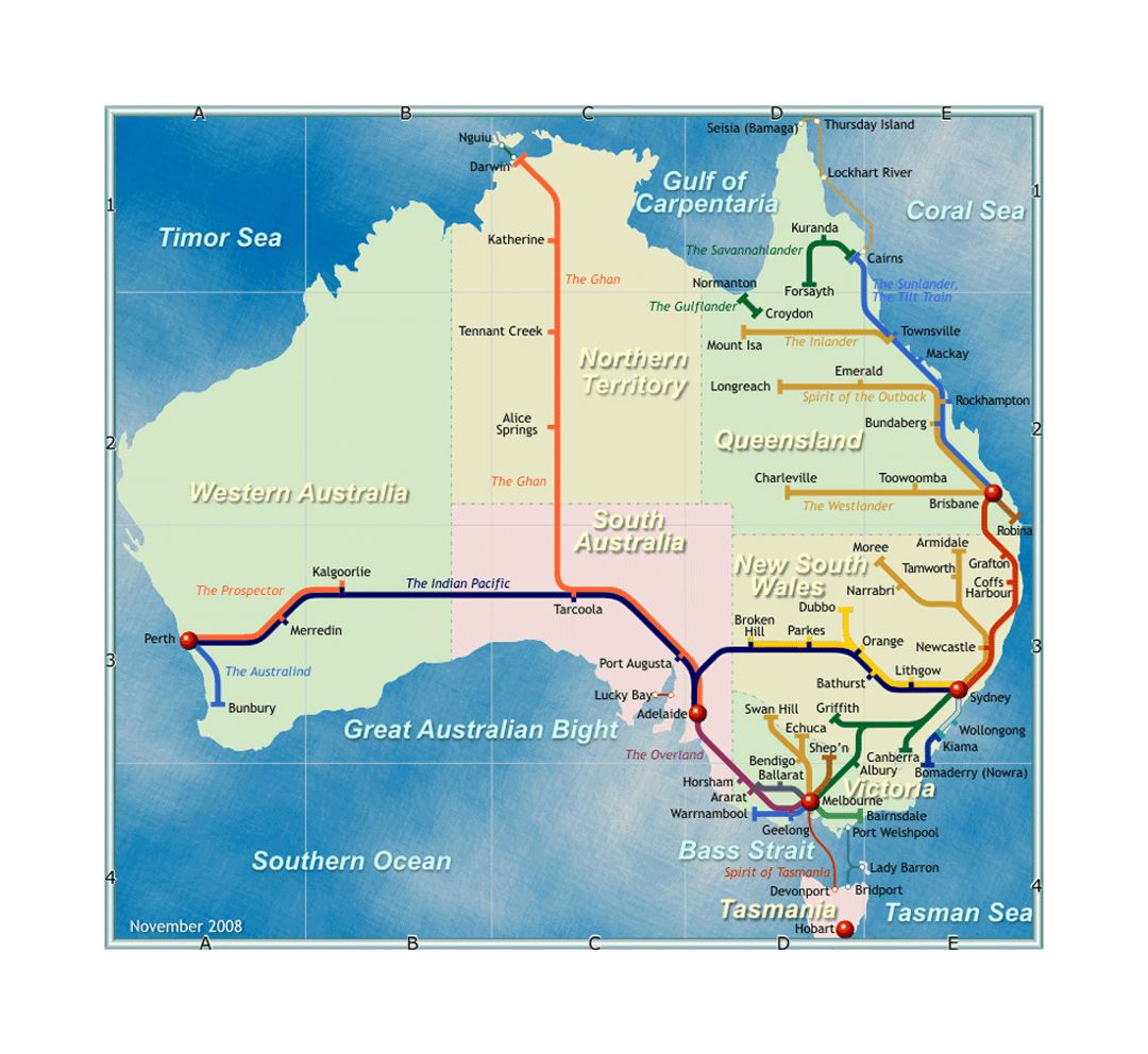 Detailed rail network map of Australia
