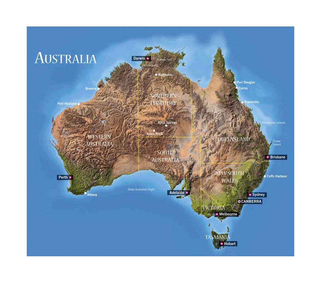 Detailed relief map of Australia with administrative divisions and major cities