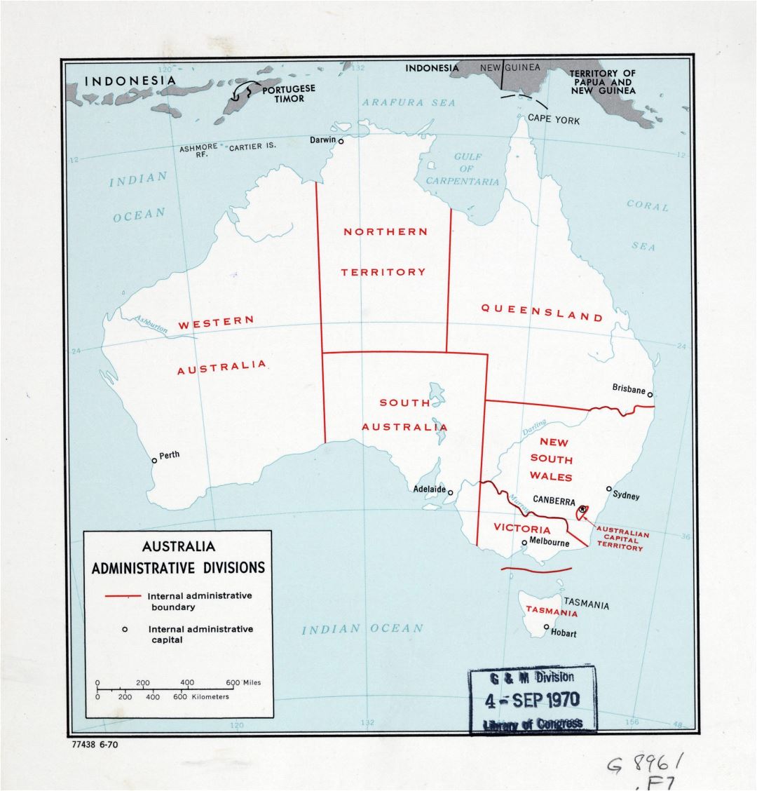 Large detailed administrative divisions map of Australia - 1970