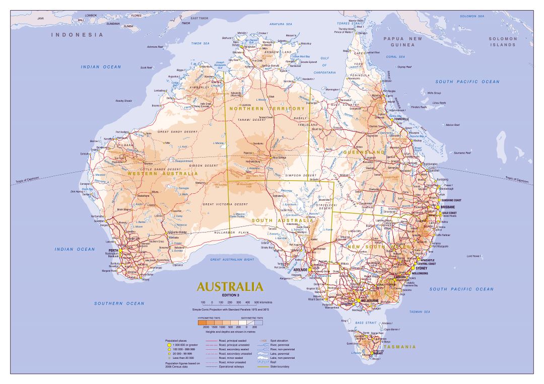 Large detailed elevation map of Australia with roads, cities and other marks