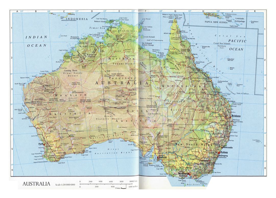 Large detailed map of Australia with relief, administrative divisions, roads, cities and other marks