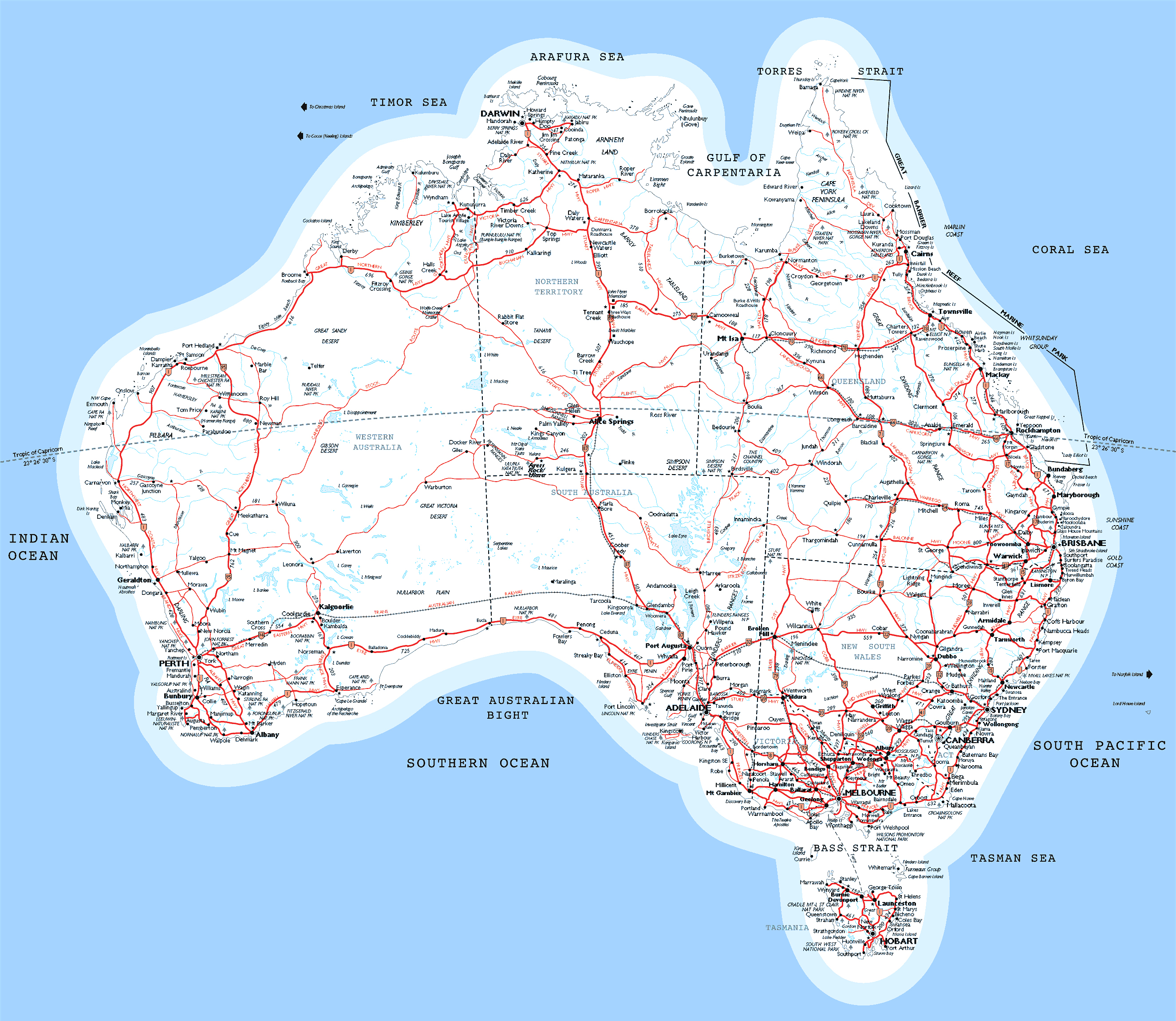 Large Detailed Map Of Australia With Roads Railroads And Cities