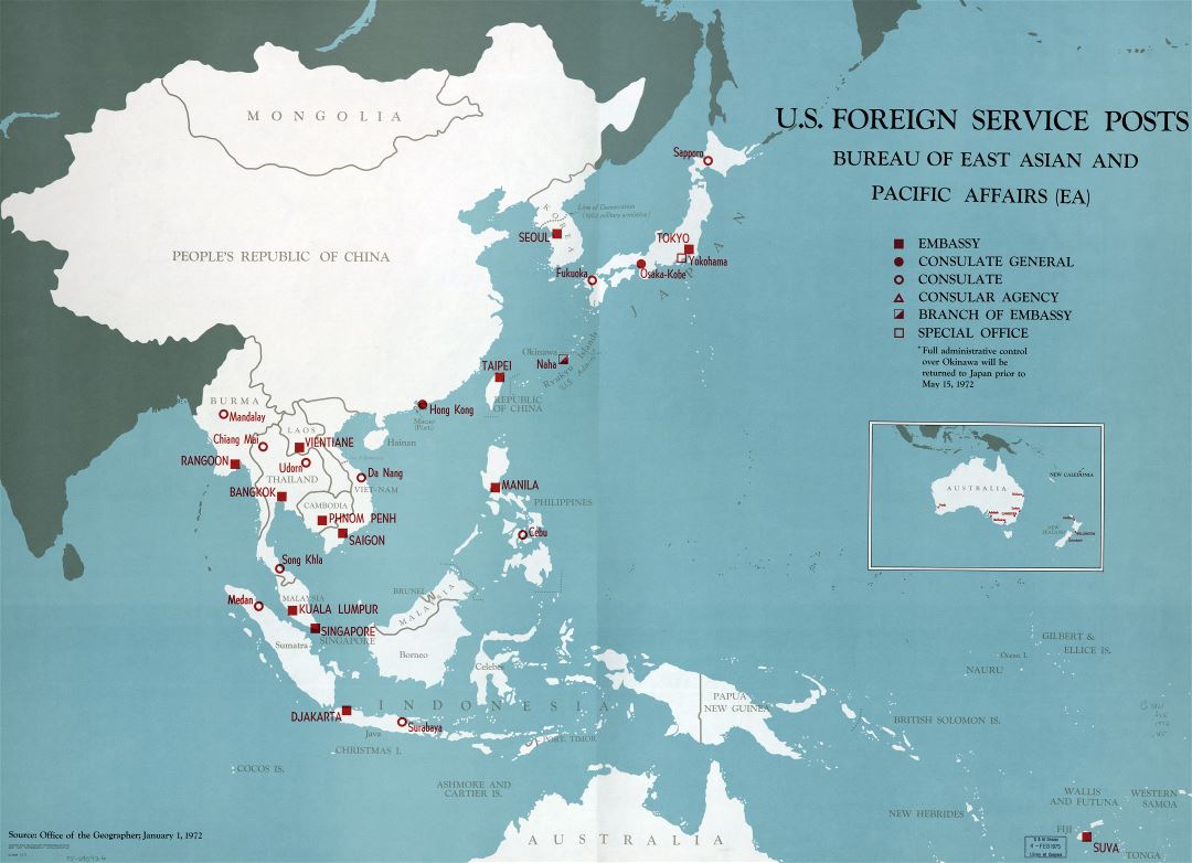 Large detailed map of U.S. Foreign Service posts, Bureau of East Asian and Pacific Affairs - 1971