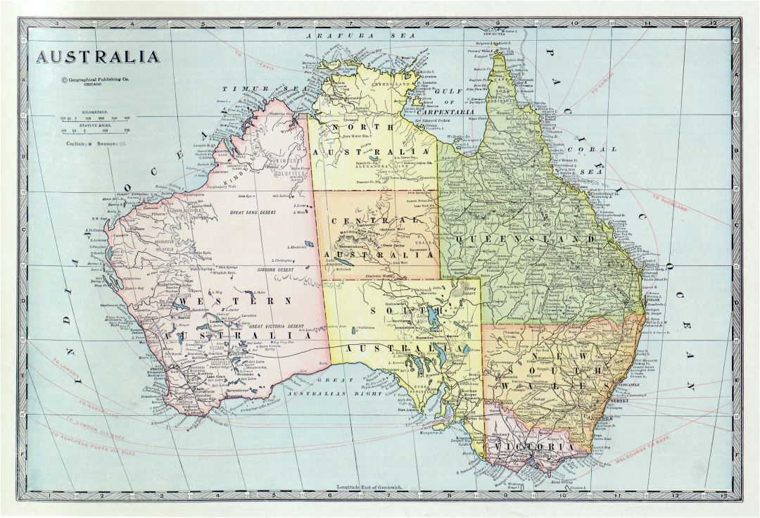 Large detailed old political and administrative map of Australia with the marks of cities, roads and other marks - 1932