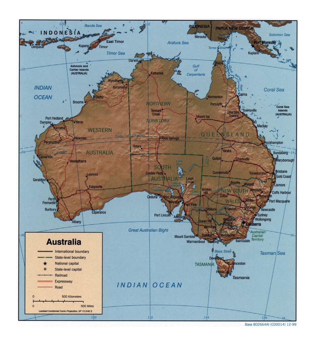 Large detailed political and administrative map of Australia with relief, roads, railroads and cities - 1999