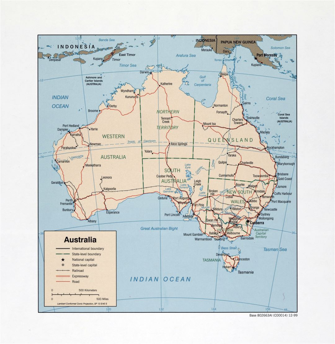 Large detailed political and administrative map of Australia with roads, railroads and cities - 1999