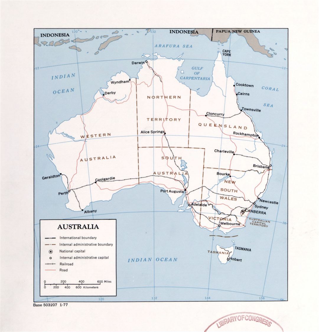 Large detailed political and administrative map of Australia with roads, railroads and major cities - 1977