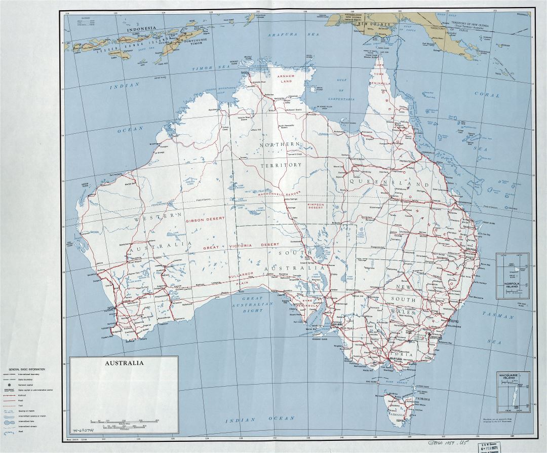 Large detailed political and administrative map of Australia with roads, railroads, cities and other marks - 1959