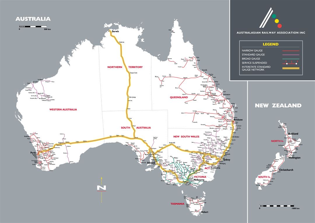 Large detailed railroads map of Australia