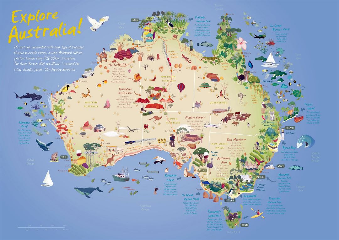 Large detailed travel illustrated map of Australia