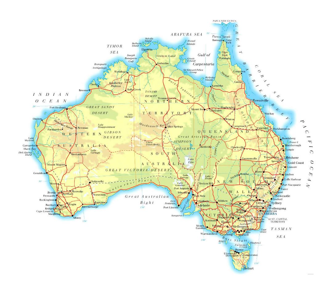 Large elevation map of Australia with roads, railroads, cities and airports