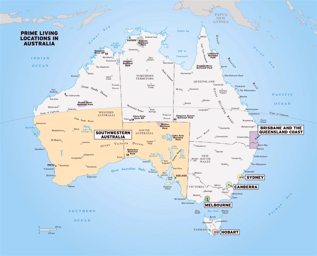 Large map of Australia with national parks and cities