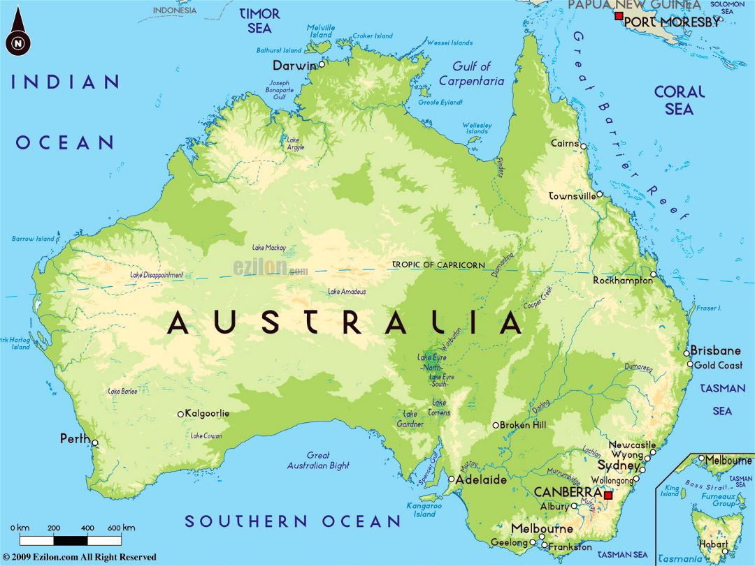 Large physical map of Australia with major cities