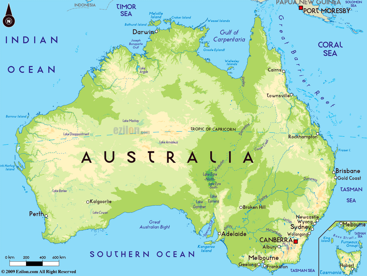 Large physical map of Australia with major cities | Australia | Oceania