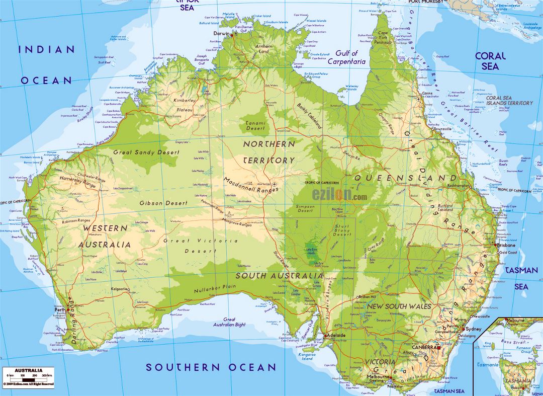 Large physical map of Australia with roads, cities and airports