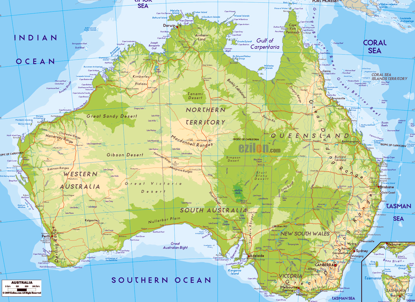 Large Physical Map Of Australia With Roads Cities And Airports