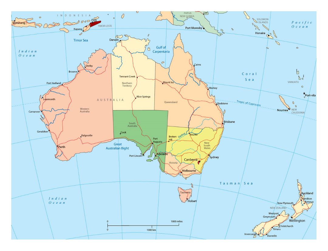 Large political and administrative map of Australia with roads and cities
