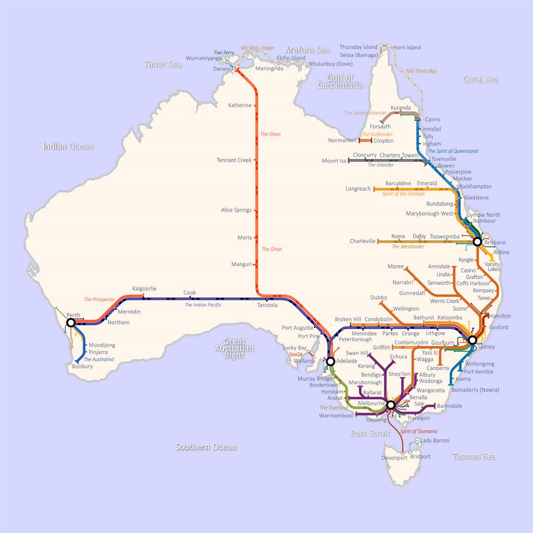 Large railroads map of Australia