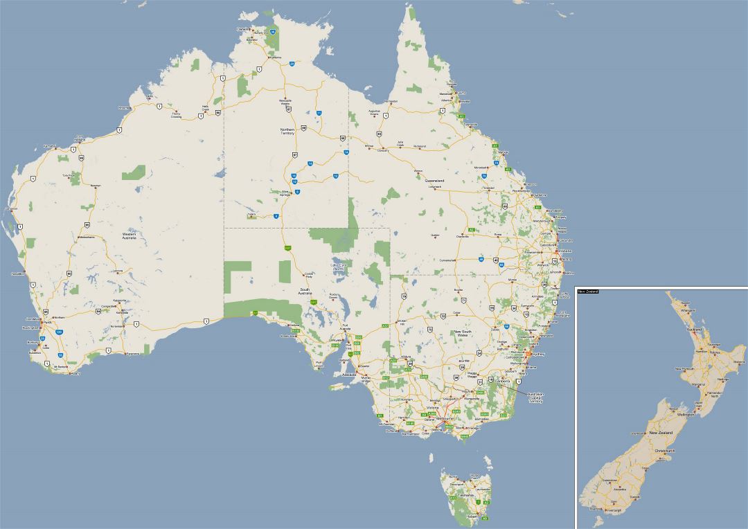 Large road map of Australia with national parks and cities