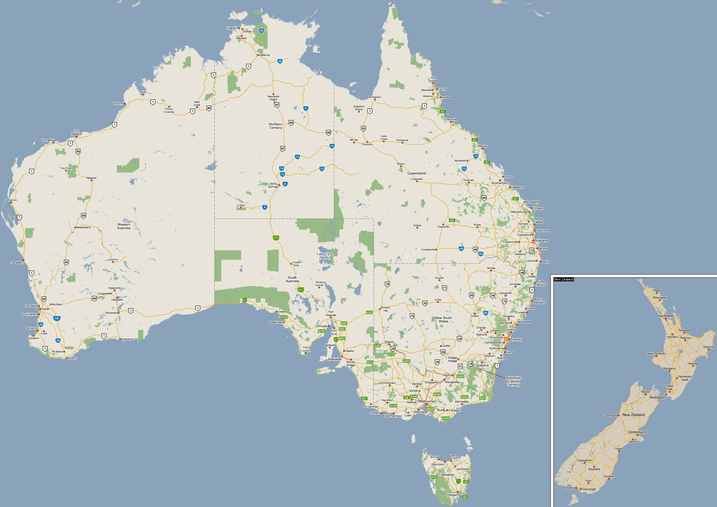 Large Road Map Of Australia With National Parks And Cities