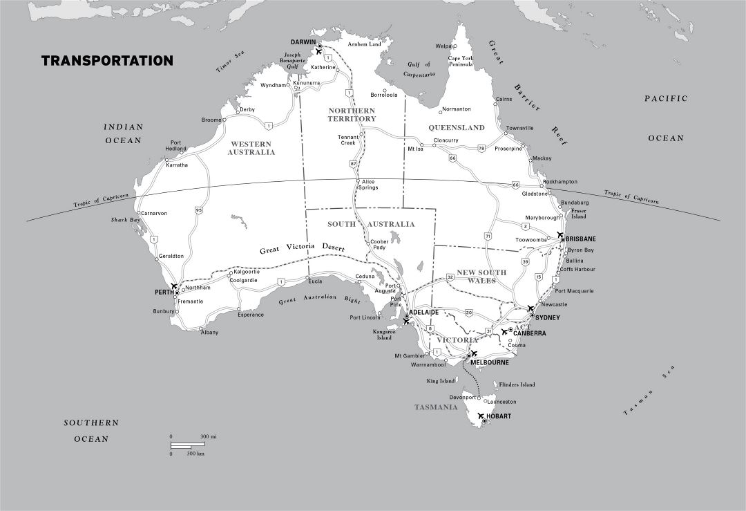 Large transportation map of Australia with cities and airports