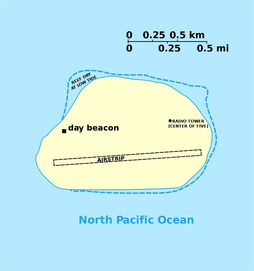 Detailed map of Baker Island with airstrip and radio tower
