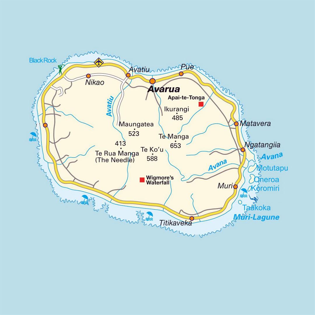 Detailed road map of Rarotonga Island with airport and cities