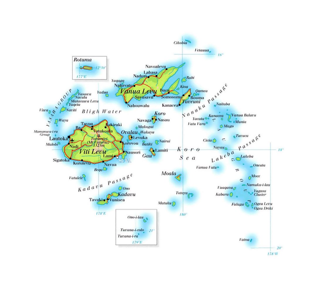 Detailed elevation map of Fiji with roads, cities and airports