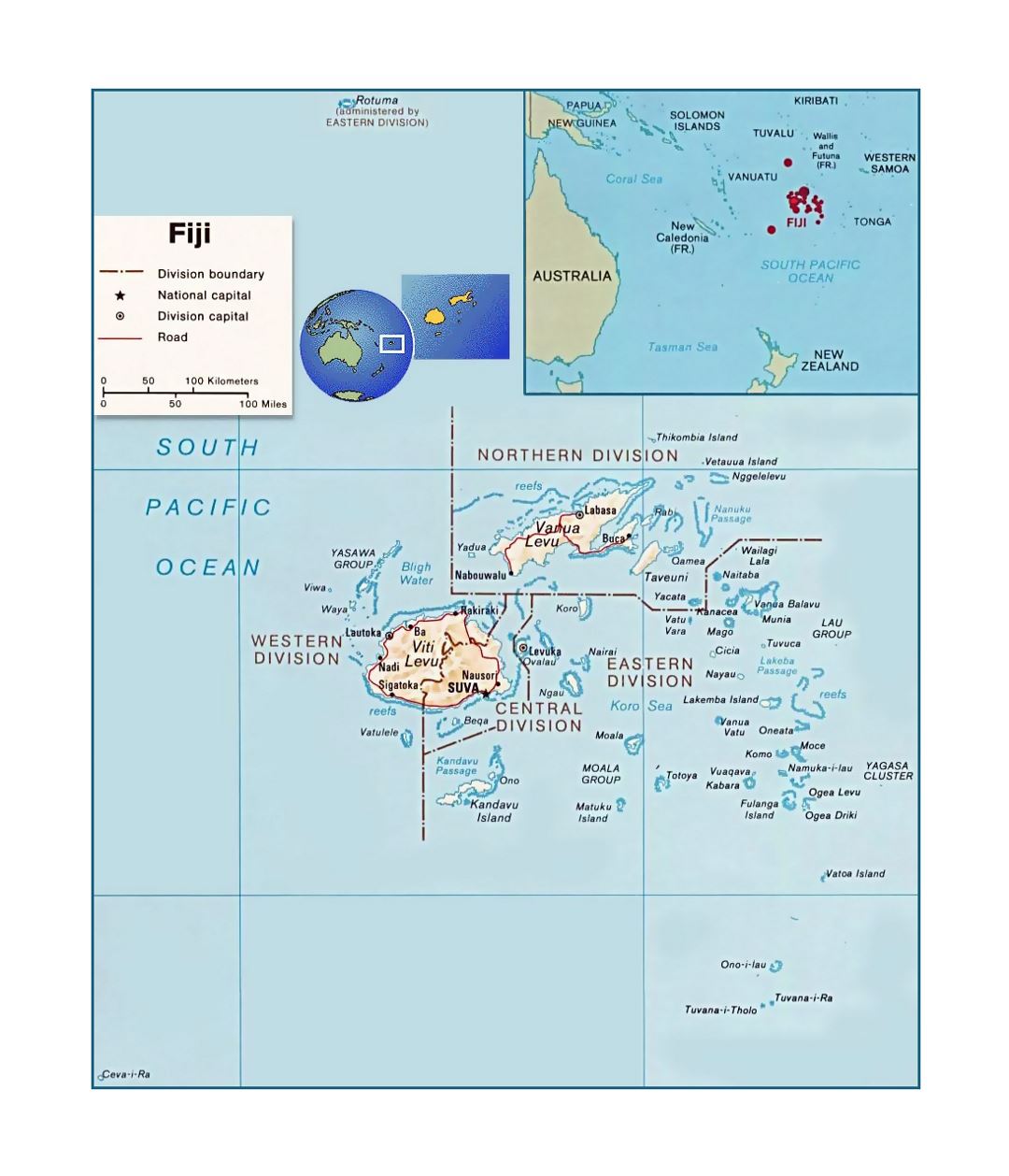 Detailed political and administrative map of Fiji with relief, roads and major cities